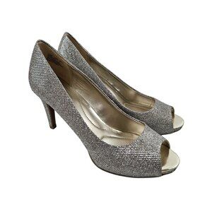 Bandolino Womens Silver Glitter Peep Toe Pumps Size 7.5M Shoes Dressy Heels